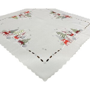 Karácsonyi fehér négyzet alakú asztalterítő hímzett manóval és rénszarvassal