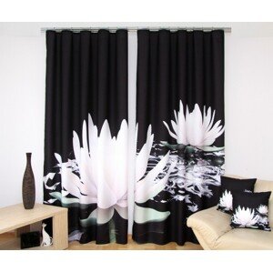 Gyönyörű fekete 3D drapéria a nappaliba fehér tavirózsa motívummal Szélesség: 160 cm | Hossz: 250 cm (2 darabos készletben)