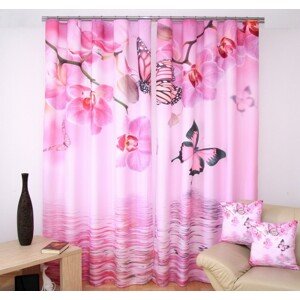 Gyönyörű rózsaszín 3D drapéria, orchideák és pillangók motívummal Szélesség: 160 cm | Hossz: 250 cm (2 darabos készletben)
