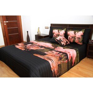 Fekete ágytakaró rózsaszín flamingókkal Szélesség: 220 cm | Hossz: 240 cm