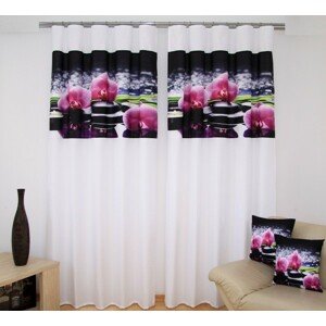 Fehér luxus függöny rózsaszín orchideával, fekete motívummal Szélesség: 160 cm | Hossz: 250 cm (2 darabos készletben)
