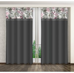 Egyszerű sötétszürke függöny rózsaszín pünkösdi rózsaszínű nyomtatással Szélesség: 160 cm | Hossz: 250 cm