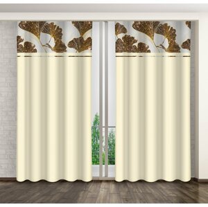 Klasszikus krémszínű függöny, arany színű ginkko levelekkel nyomtatva Szélesség: 160 cm | Hossz: 250 cm