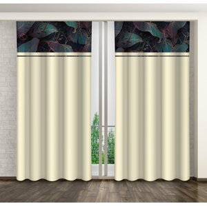 Klasszikus krémszínű függöny türkiz és lila levelek nyomtatásával Szélesség: 160 cm | Hossz: 250 cm