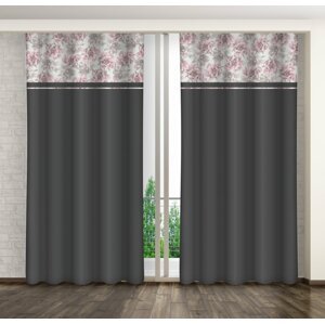 Sötétszürke dekoratív függöny rózsaszín pünkösdi rózsaszínű mintával Szélesség: 160 cm | Hossz: 250 cm