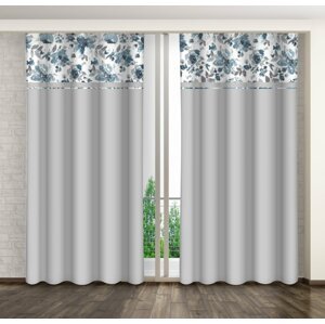 Világosszürke dekoratív függöny egyszerű kék virágokkal díszített mintával Szélesség: 160 cm | Hossz: 250 cm