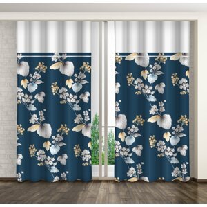 Kék függöny bézs színű virágokkal és levelekkel és fehér szegéllyel Szélesség: 160 cm | Hossz: 250 cm