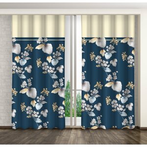 Kék függöny bézs színű virágokkal és levelekkel és krémszínű szegéllyel Szélesség: 160 cm | Hossz: 250 cm