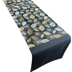 Dekoratív fekete asztali futó arany levelekkel Szélesség: 35 cm | Hosszúság: 140 cm
