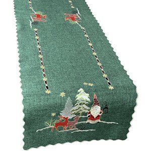 Karácsonyi zöld stóla manó és rénszarvas hímzéssel Szélesség: 40 cm | Hosszúság: 160 cm