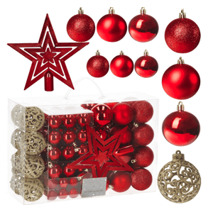 Karácsonyi gömbök készlet 100 db + csillag piros